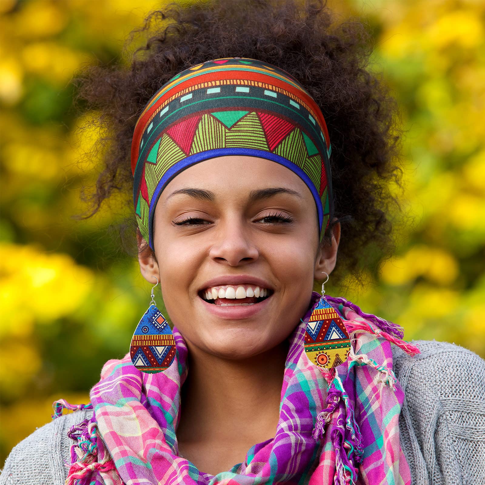 4 Paires Boucles d'Oreilles Africaines en Faux Cuir 4 Pièces Bandeaux Africains, Boucles d'Oreilles de Larme Bandes de Cheveux Nouées Larges Bandeaux de Yoga Extensibles pour Filles Femmes