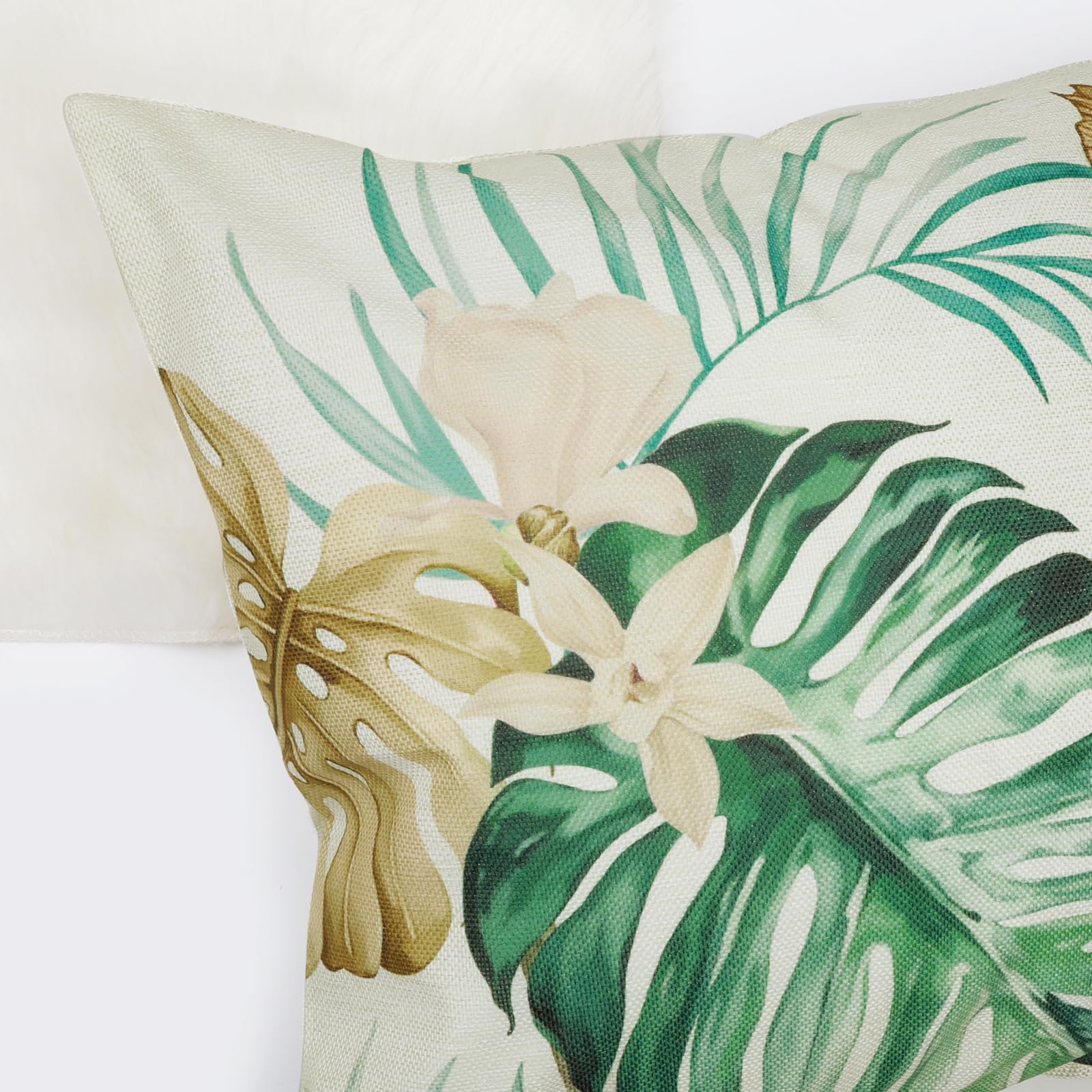 Bonhause Housse de Coussin Feuilles Tropicales 45 x 45 cm Feuille Brun Vert Polyester Lin Décoratif Taie d'oreiller pour Canapé Maison Jardin Extérieur Été Décoration 4 Pièces