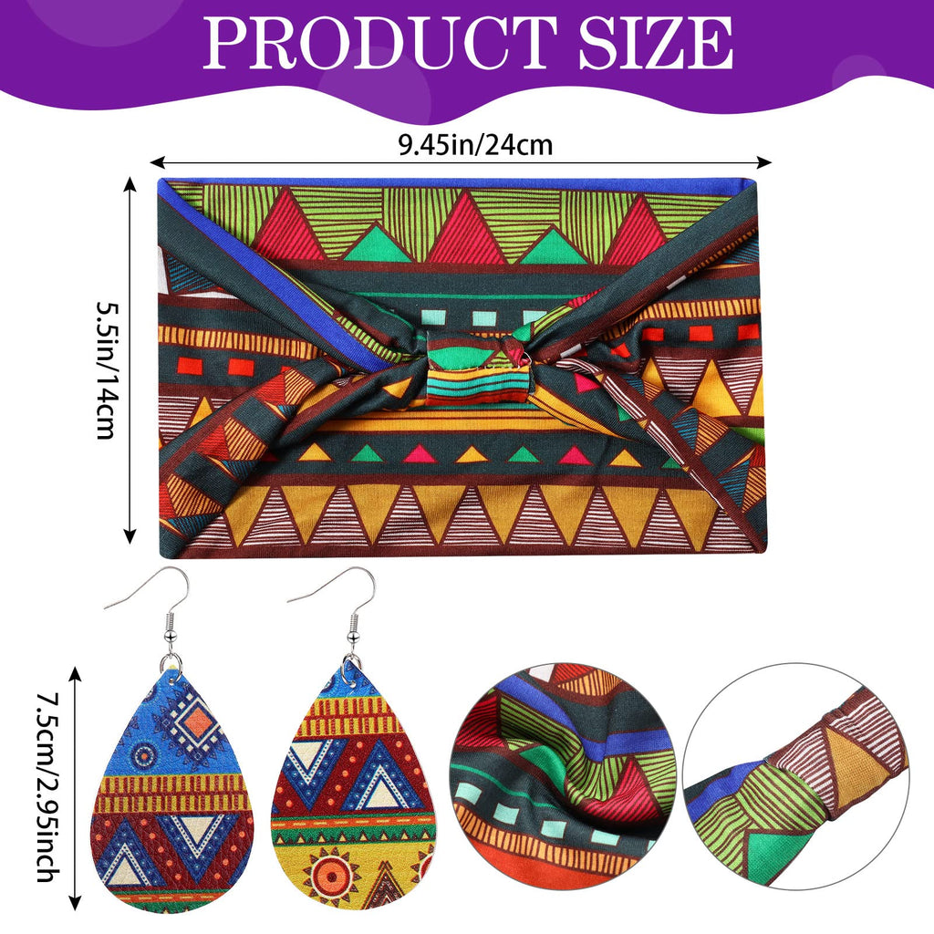 4 Paires Boucles d'Oreilles Africaines en Faux Cuir 4 Pièces Bandeaux Africains, Boucles d'Oreilles de Larme Bandes de Cheveux Nouées Larges Bandeaux de Yoga Extensibles pour Filles Femmes