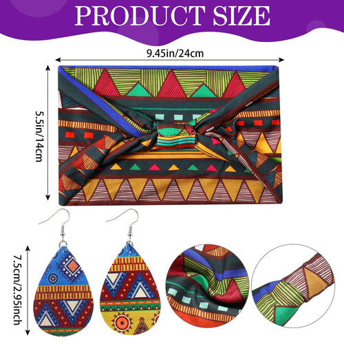 4 Paires Boucles d'Oreilles Africaines en Faux Cuir 4 Pièces Bandeaux Africains, Boucles d'Oreilles de Larme Bandes de Cheveux Nouées Larges Bandeaux de Yoga Extensibles pour Filles Femmes