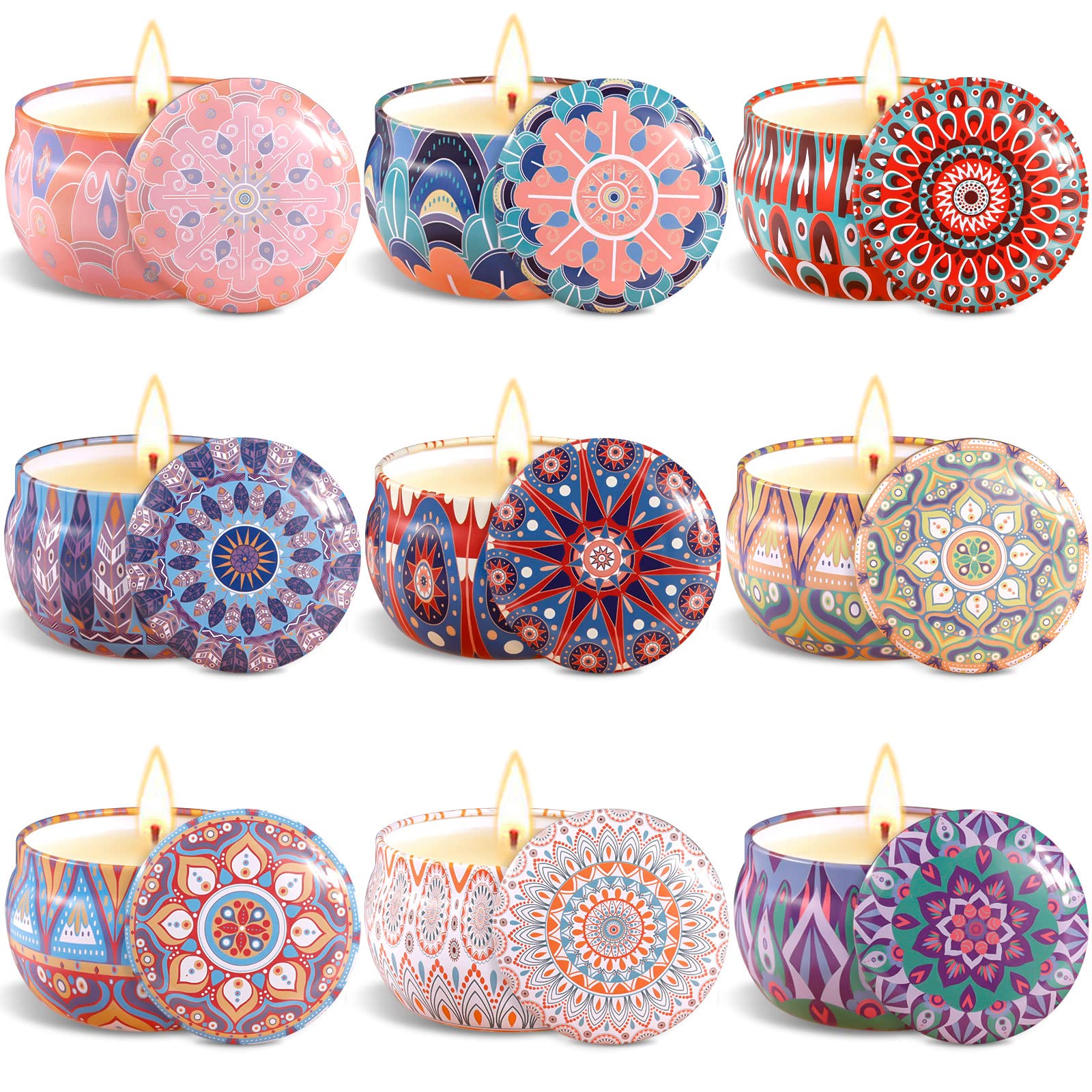 VIPNAJI Bougie Parfumée Ensemble Cadeau 9 Pièces, en Cire De Soja Naturel en Portable, pour L'aromathérapie Mariage Bath Yoga Cadeau de Fête des Mères, La Saint Valentin et Noël,Décor