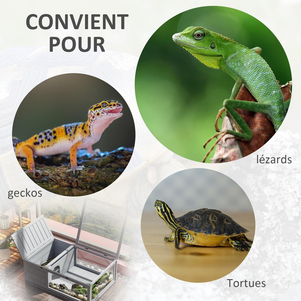 PawHut Maison enclos Cage Habitat pour Petit Animal Tortues avec 2 espaces 91 x 60,5 x 32 cm Bois Massif Gris