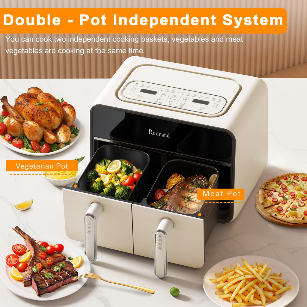 Friteuse à air double zone Runnatal 8 L avec hublot, sans huile, 2 tiroirs, programmes de cuisson 14 en 1 avec marmites pour légumes et viandes, écran tactile, faible en gras compatible lave-vaisselle