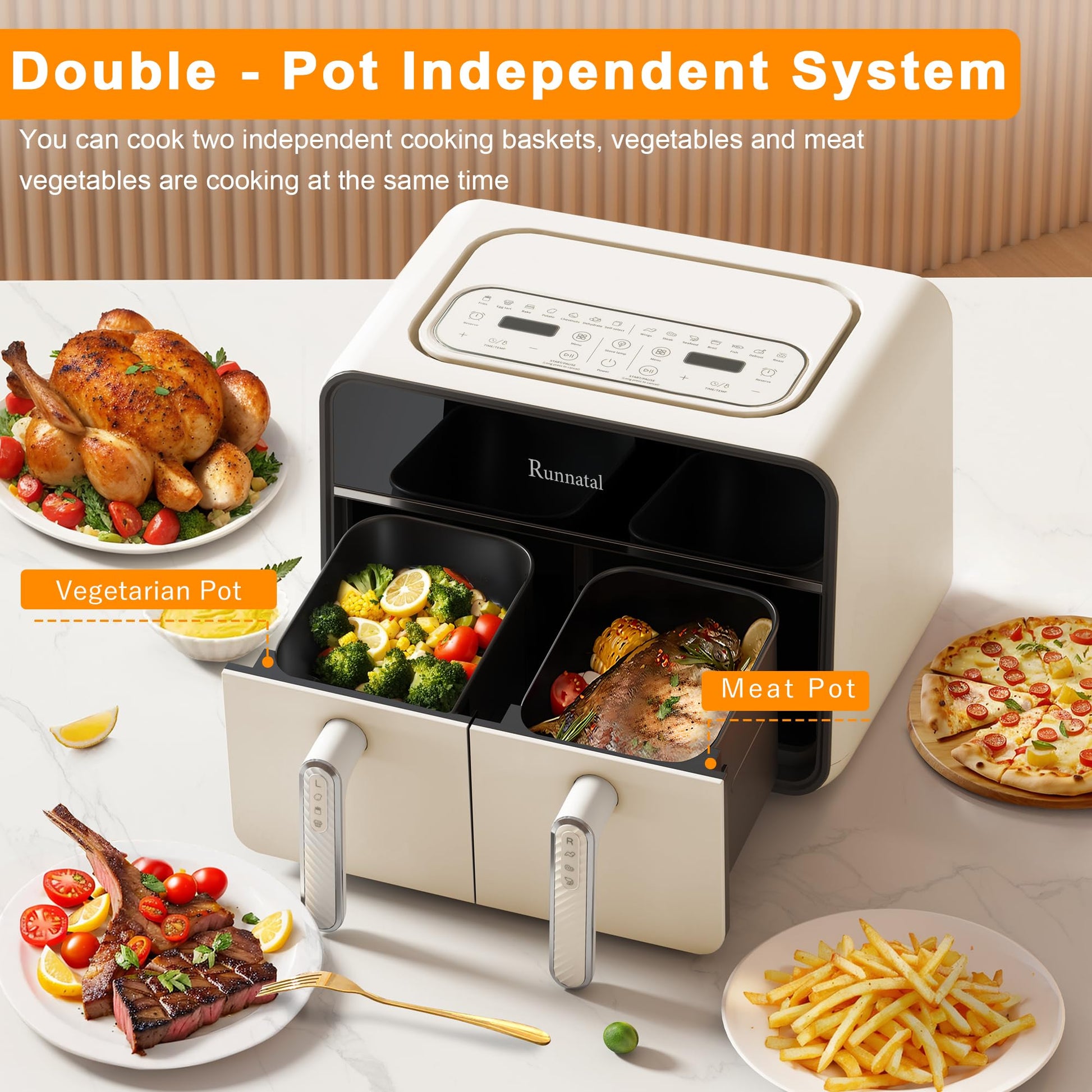 Friteuse à air double zone Runnatal 8 L avec hublot, sans huile, 2 tiroirs, programmes de cuisson 14 en 1 avec marmites pour légumes et viandes, écran tactile, faible en gras compatible lave-vaisselle