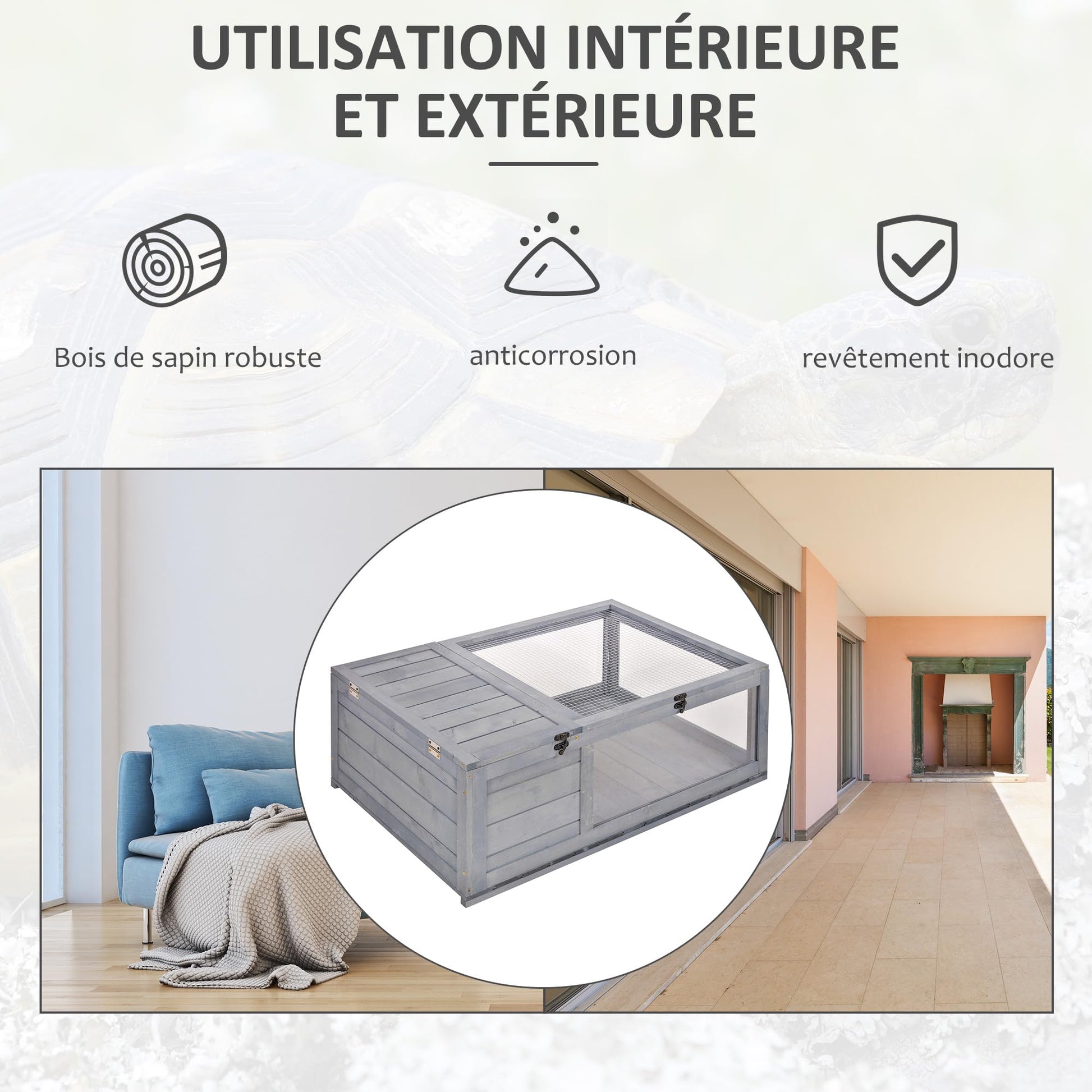 PawHut Maison enclos Cage Habitat pour Petit Animal Tortues avec 2 espaces 91 x 60,5 x 32 cm Bois Massif Gris