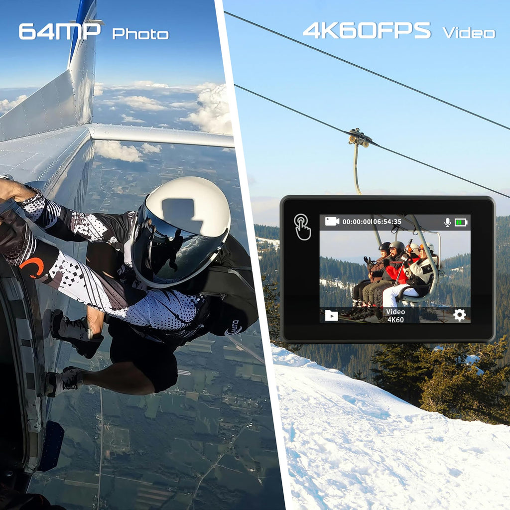 Caméra Sport 4K 60FPS 64MP Caméra Étanche 40M Action Cam WiFi avec Micro SD 64GB Écran Tactile Stabilisateur EIS avec Kits d'accessoires pour Sports Extrêmes et Loisirs