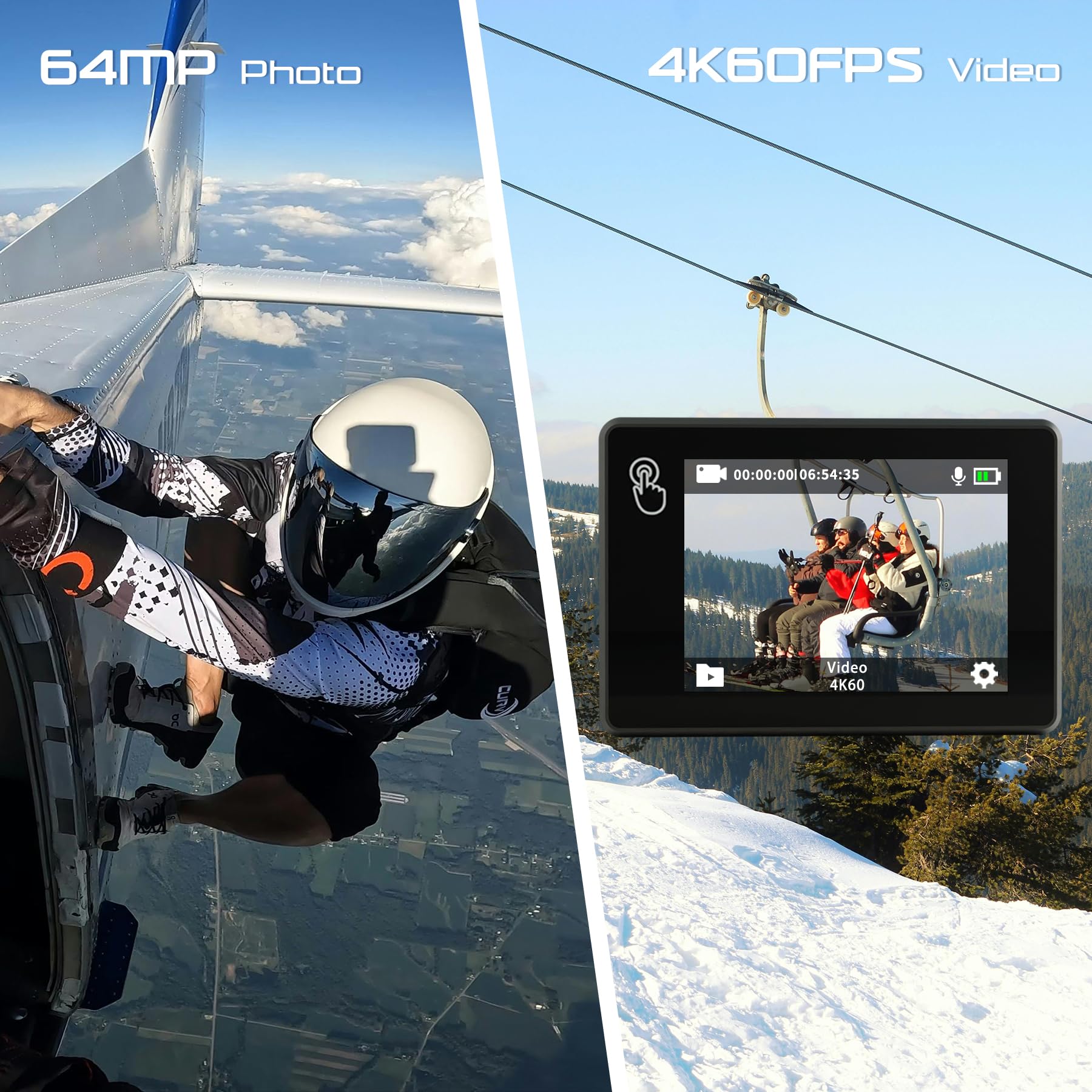 Caméra Sport 4K 60FPS 64MP Caméra Étanche 40M Action Cam WiFi avec Micro SD 64GB Écran Tactile Stabilisateur EIS avec Kits d'accessoires pour Sports Extrêmes et Loisirs