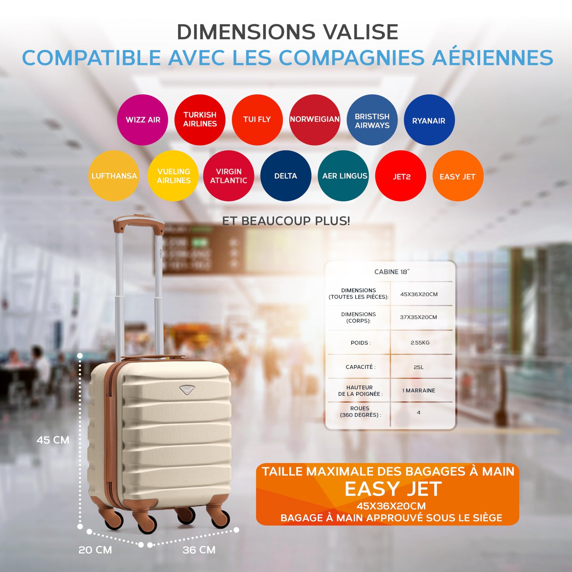 Flight Knight Bagage Cabine Leger a 4 Roues en ABS Rigide Approuve par Plus De 100 Compagnies Aeriennes, Dont Lufthansa, Air France, HOP! Ryanair et easyJet - 45x36x20cm (TSA) Creme/Marron