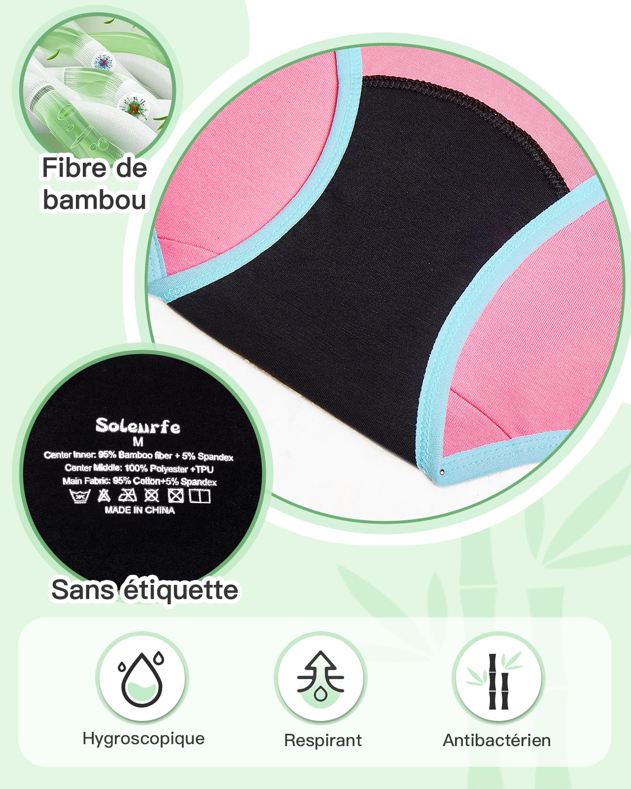 Soleurfe Culotte Menstruelle Flux Tres Abondant 4 Couches de Slips Fibre de Bambou Lavable Protege Slip Anti Fuite pour Adolescentes Fille Femmes 12-14 Ans