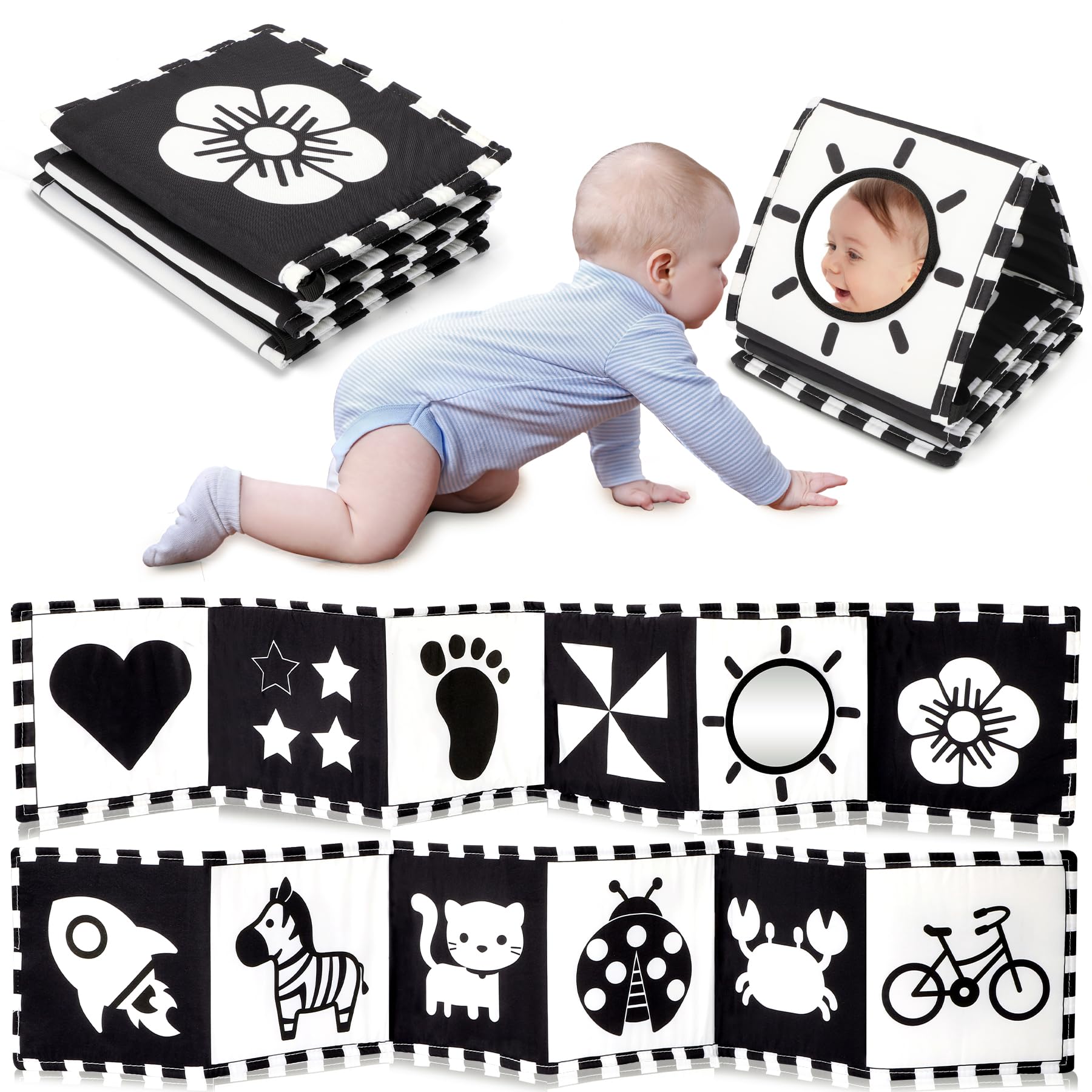 URMYWO Livre Tissu bébé eveil,Livre Noir et Blanc Bébé Montessori,Livre sensoriel pour bébé à fort contraste,jouet bebe 0 3 6 12 Mois livres d'éveil Cadeaux pour bébés
