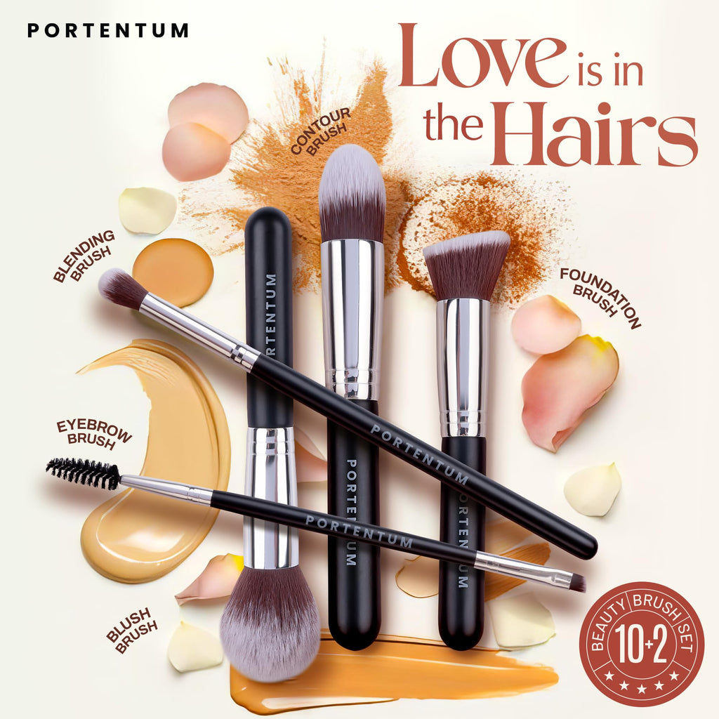 PORTENTUM Pinceaux Maquillages Professionnel (10+2pcs), Pinceau Maquillage Pour Fond de Teint Blush L'anti-cernes Fard à Paupières Poudre Libre, Avec Blender Eponge