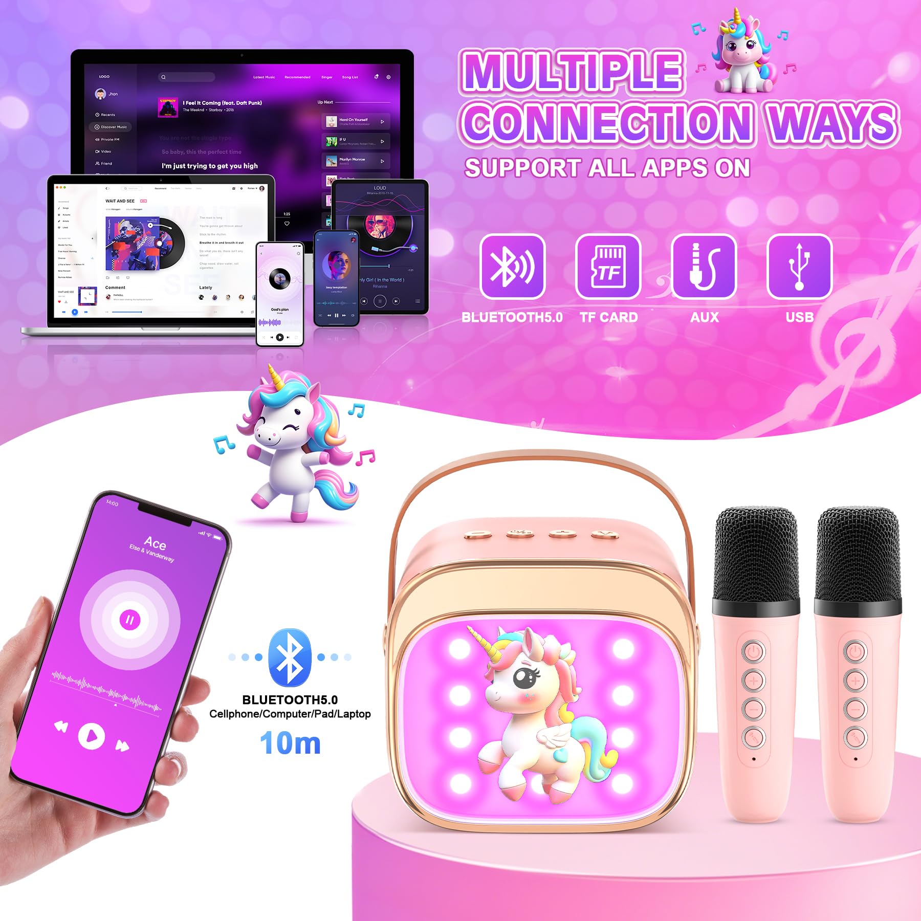 LUVTOY Machine Karaoke Enfant avec 2 Micros Enfants: [Personnalisation Exclusive] - Karaoké pour Enfants - Jouet Fille 3-10 Ans - Cadeau Paques Fille 3-12 Ans - Micro Enfant pour Chanter Jouet