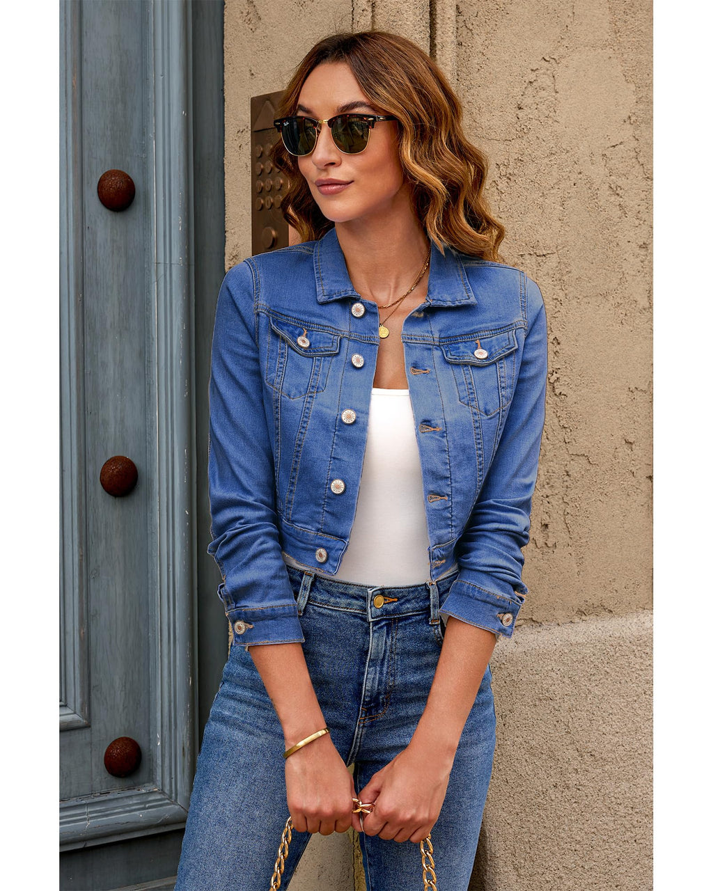 Roskiky Cropped Jean Veste pour femme Fashion Short Denim Shacket Veste légère stretch avec poches, Bleu crépuscule, S