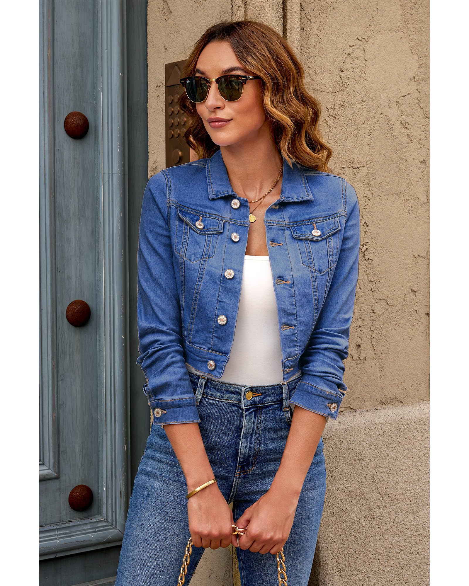 Roskiky Cropped Jean Veste pour femme Fashion Short Denim Shacket Veste légère stretch avec poches, Bleu crépuscule, S