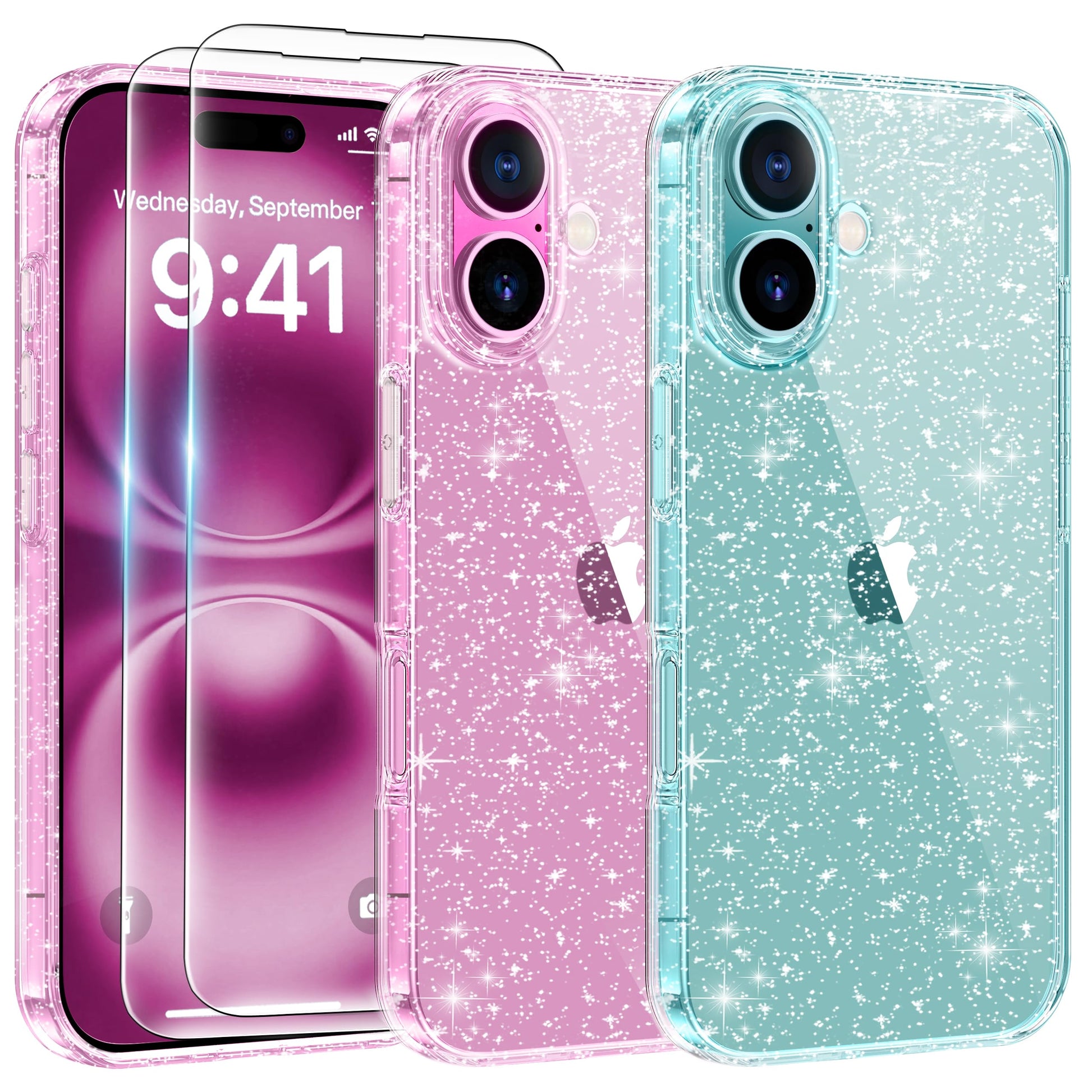 AROYI Coque 3 en 1 Compatible avec iPhone 16 6,1, étui à Paillettes Silicone Souple TPU Protection Case avec 2 Films de Protection en Verre trempé, Transparent pailleté Protecteur Coque