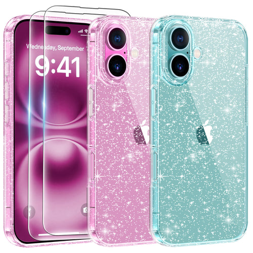 AROYI Coque 3 en 1 Compatible avec iPhone 16 6,1, étui à Paillettes Silicone Souple TPU Protection Case avec 2 Films de Protection en Verre trempé, Transparent pailleté Protecteur Coque