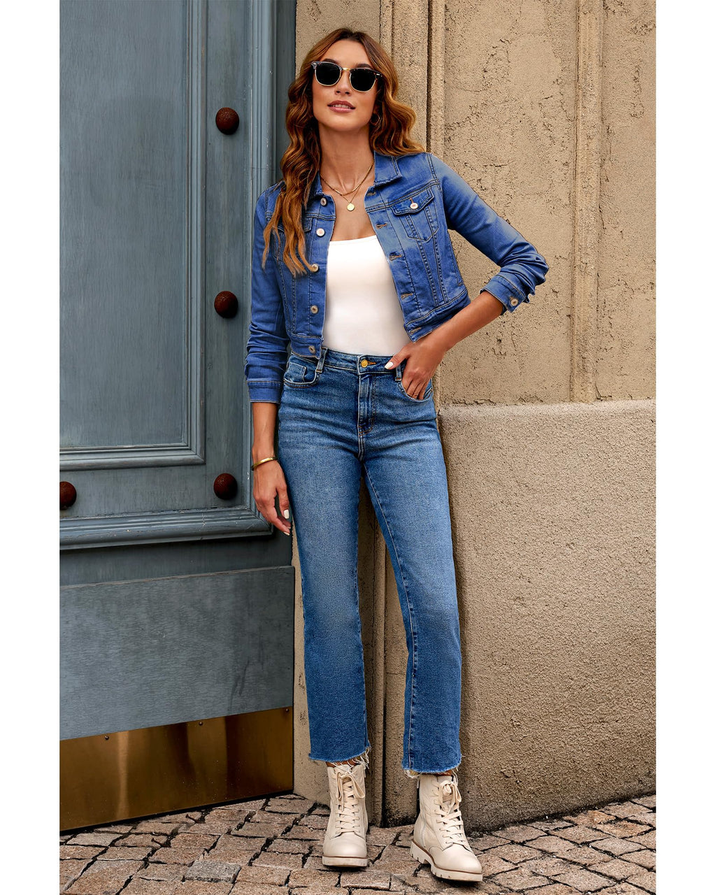 Roskiky Cropped Jean Veste pour femme Fashion Short Denim Shacket Veste légère stretch avec poches, Bleu crépuscule, S