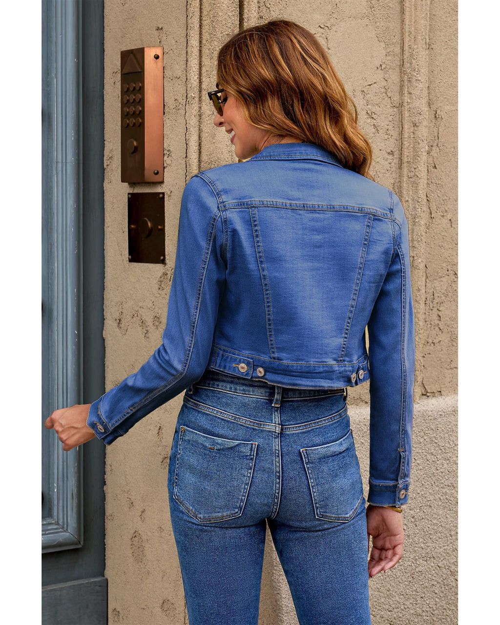 Roskiky Cropped Jean Veste pour femme Fashion Short Denim Shacket Veste légère stretch avec poches, Bleu crépuscule, S
